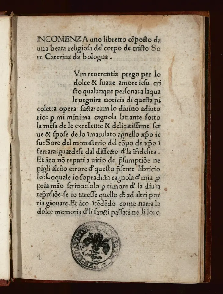 The opening page of an early printed Italian book in Gothic type, beginning Incomenza uno libretto composto da una beata religiosa del corpo de cristo