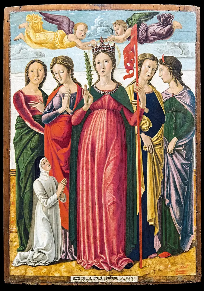 Panel painting of a tall crowned St. Ursula in a red gown holding a banner, with four young women saints around her and a small nun in white kneeling at her feet, under angels in a pale sky