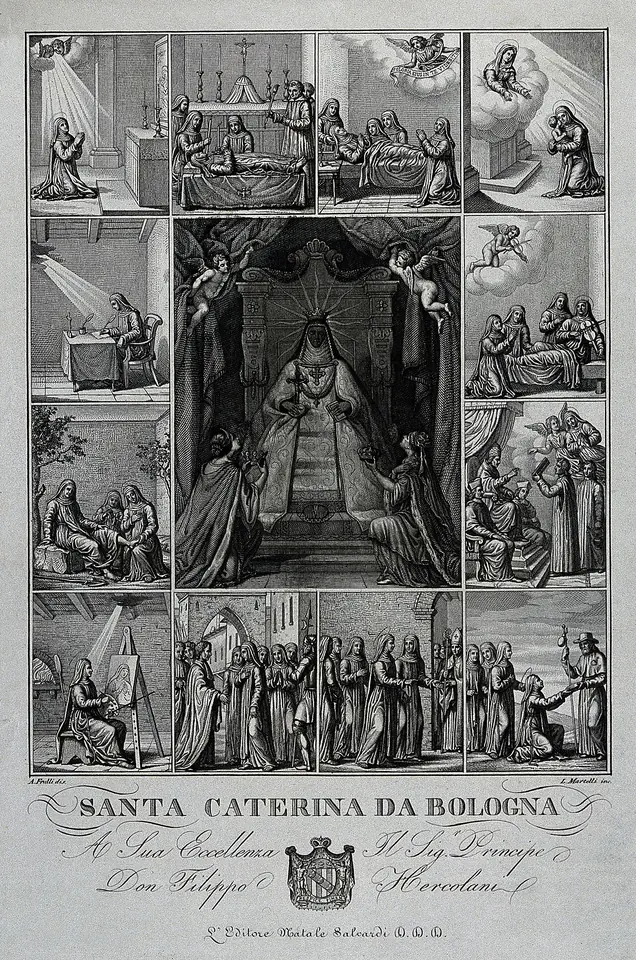 Engraving with a central picture of the saint seated on a throne in her chapel, surrounded by small panels of scenes from her life, with the caption Santa Caterina da Bologna