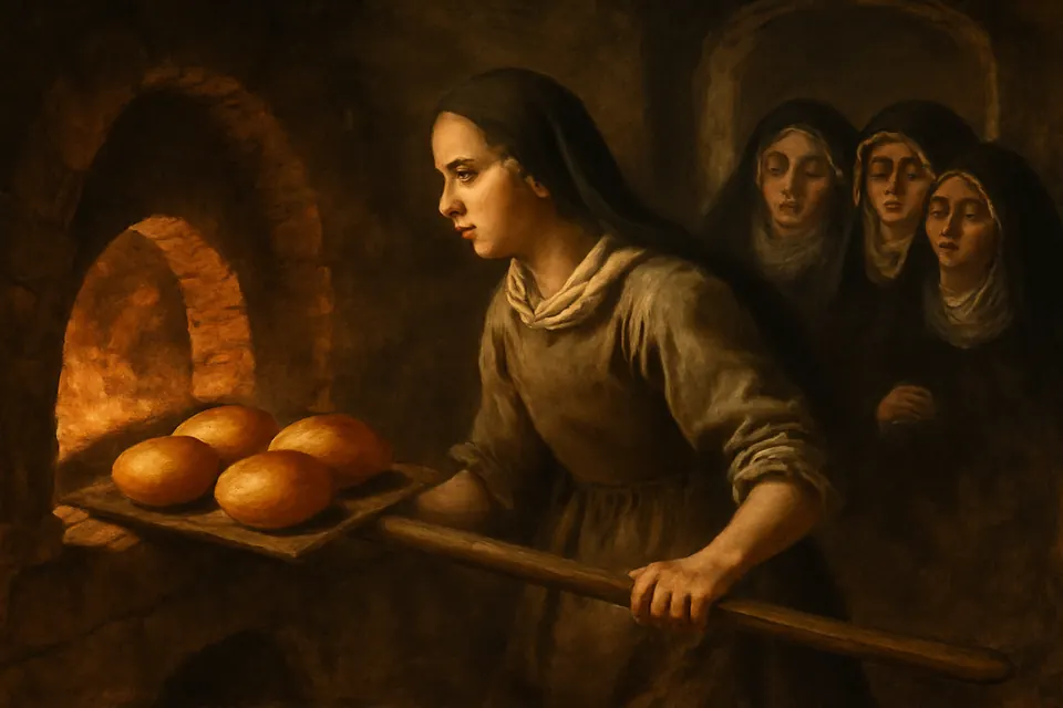 Illustration of a young nun opening a convent bread oven to find the loaves perfectly baked, while other sisters look on in surprise