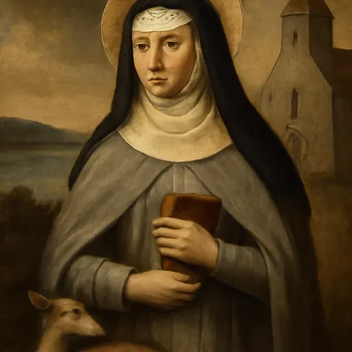 Oil-painting-style portrait of St. Catherine of Vadstena as a young abbess in a gray Brigittine habit and white crown-shaped veil, with a hind lying at her feet