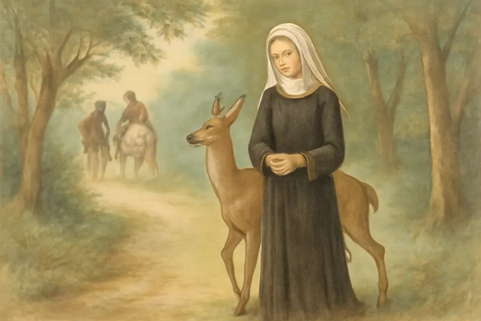Watercolor-style scene of a young woman in a veil walking along a forest path in Rome's countryside while a hind steps out of the trees beside her