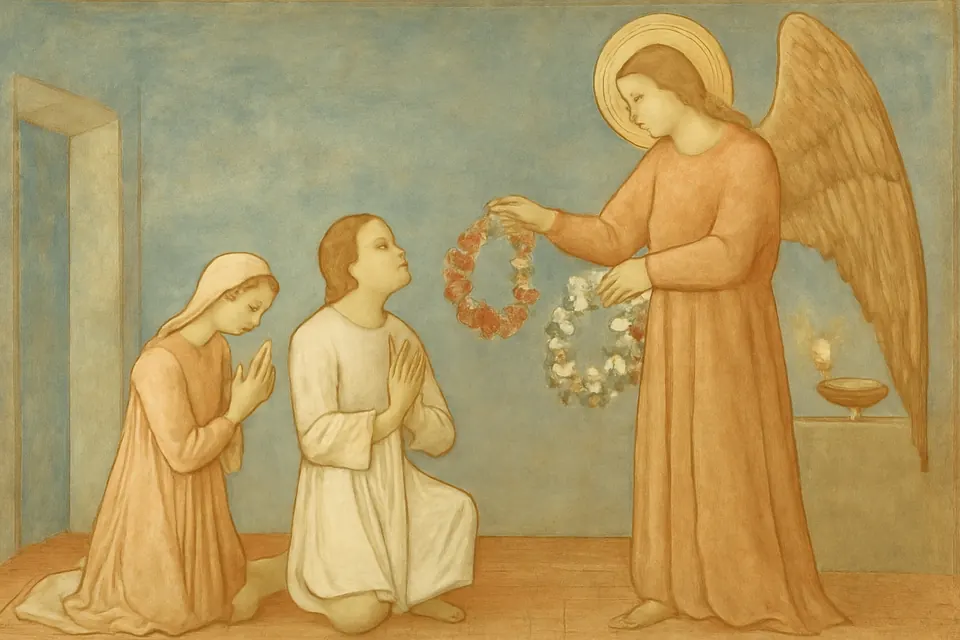 Ilustración en estilo fresco de un ángel que ofrece dos coronas de rosas y lirios a Cecilia y a su esposo Valeriano en su habitación