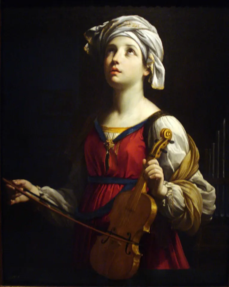 Pintura de Guido Reni de Santa Cecilia con turbante blanco y vestido rojo, sosteniendo un violín y su arco y mirando hacia arriba, con tubos de órgano detrás