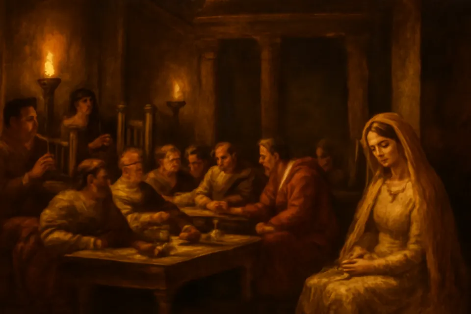Ilustración en estilo óleo de un banquete de bodas romano donde los músicos tocan mientras la joven esposa Cecilia, apartada, reza en silencio
