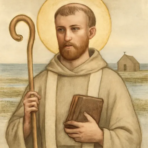 Watercolor-style portrait of St. Cedd as a seventh-century Anglo-Saxon bishop with a short beard and a monk's tonsure, holding a wooden crozier and a book of the Gospels, the sea behind him