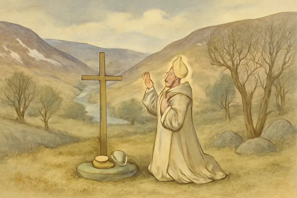 Watercolor-style scene of St. Cedd praying alone in Lent on a wild moorland valley in Yorkshire, a small bowl of bread, an egg and milk beside him