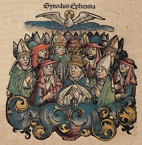 A hand-colored woodcut of a crowd of bishops in miters and a pope in a triple crown gathered under the Holy Spirit as a dove, with the words Synodus Ephesina above