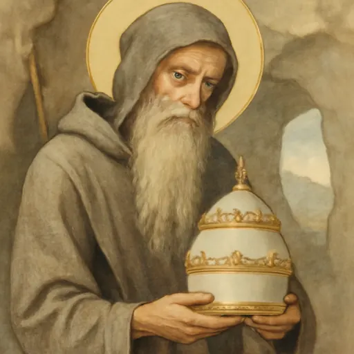 Oil-painting-style portrait of St. Celestine V as a gaunt, white-bearded old hermit in a coarse gray habit, holding a papal tiara in his hands rather than wearing it