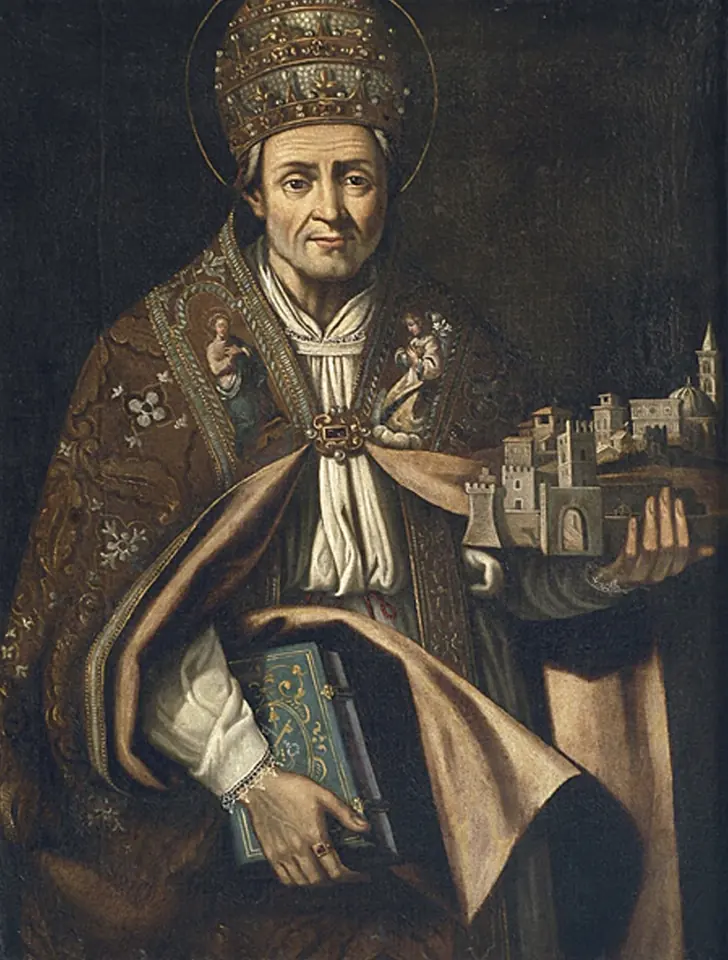 Painting of Celestine V in a jeweled tiara and embroidered cope, holding a book and a small model of the walled city of L'Aquila