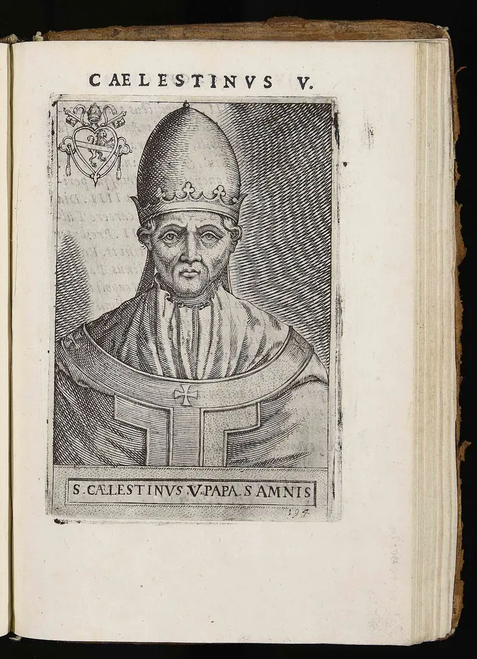 Sixteenth-century engraved portrait of Celestine V with a gaunt face and short beard, wearing the papal tiara, inside an oval frame on a book page