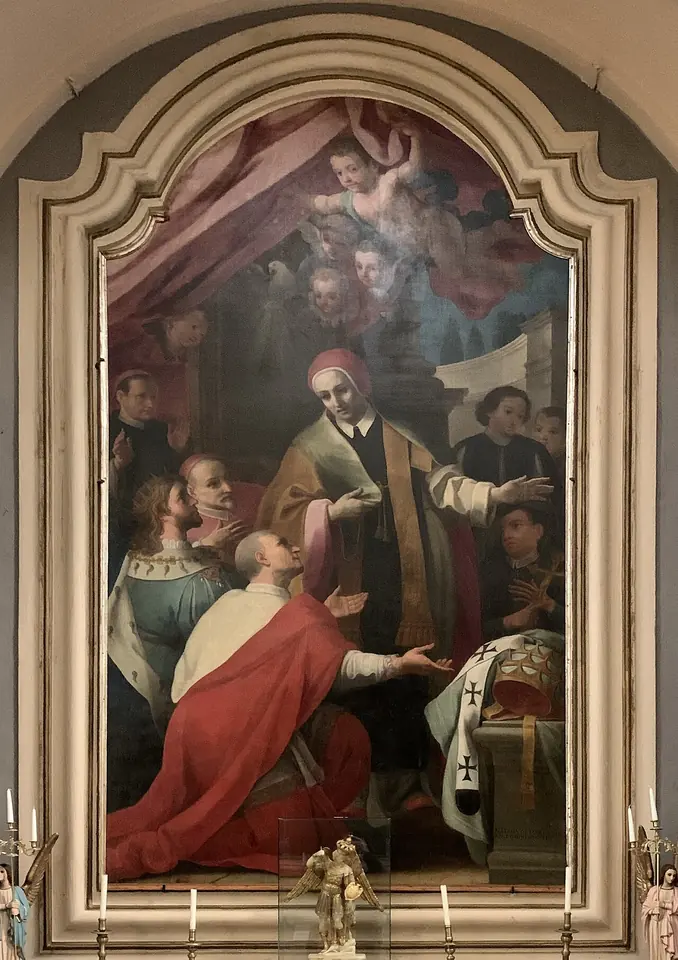 Baroque altarpiece of the hermit Pietro da Morrone surrounded by kneeling cardinals and a king who beg him to accept the papal tiara, with angels holding a curtain above