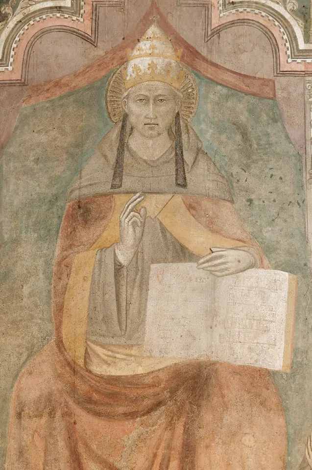 Medieval painted panel of Celestine V enthroned in a white tiara and gray habit, raising one hand in blessing and holding an open book