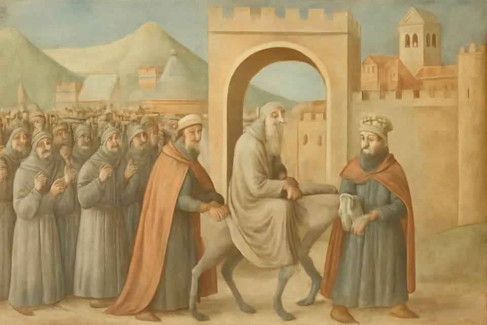 Fresco-style illustration of the old hermit Pietro da Morrone riding a donkey into L'Aquila, its bridle held by two crowned kings, with crowds of monks and townspeople