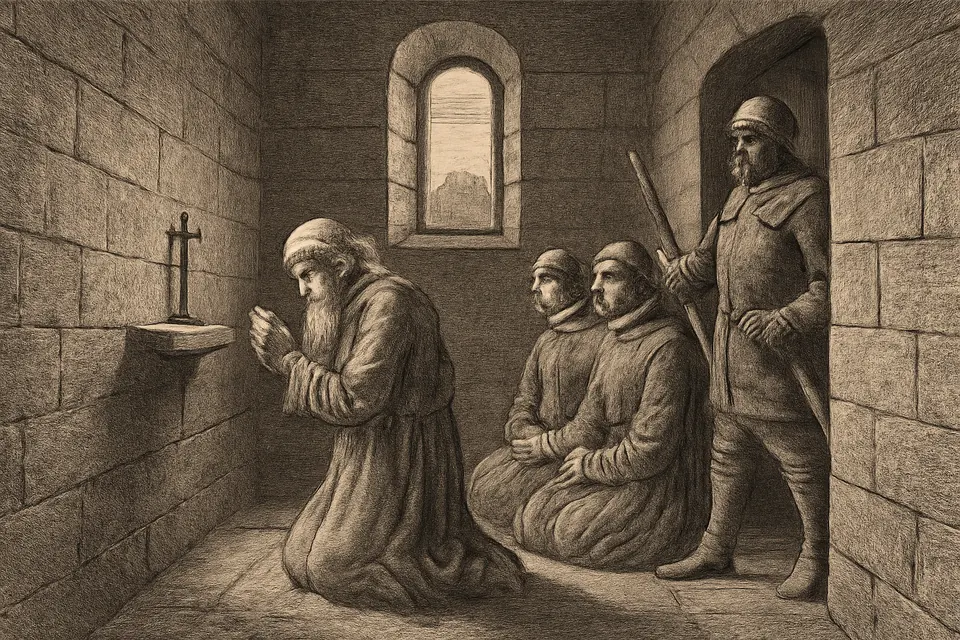 Engraving-style illustration of the aged Pietro kneeling in prayer in a narrow tower room of the castle of Fumone, with two monks of his order beside him