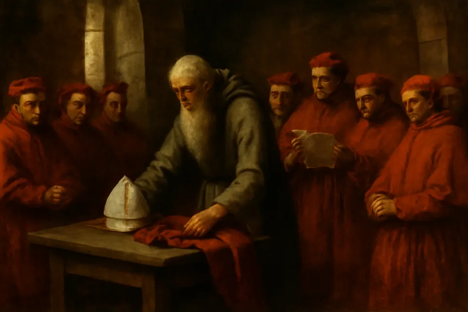 Oil-painting-style illustration of Celestine V in a hermit's habit laying his papal tiara and red mantle on a table before cardinals in a stone hall of the Castel Nuovo in Naples