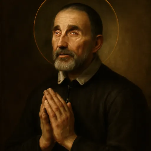 Oil-painting-style portrait of St. César de Bus as a bearded French priest in a black cassock with a white collar, hands joined in prayer