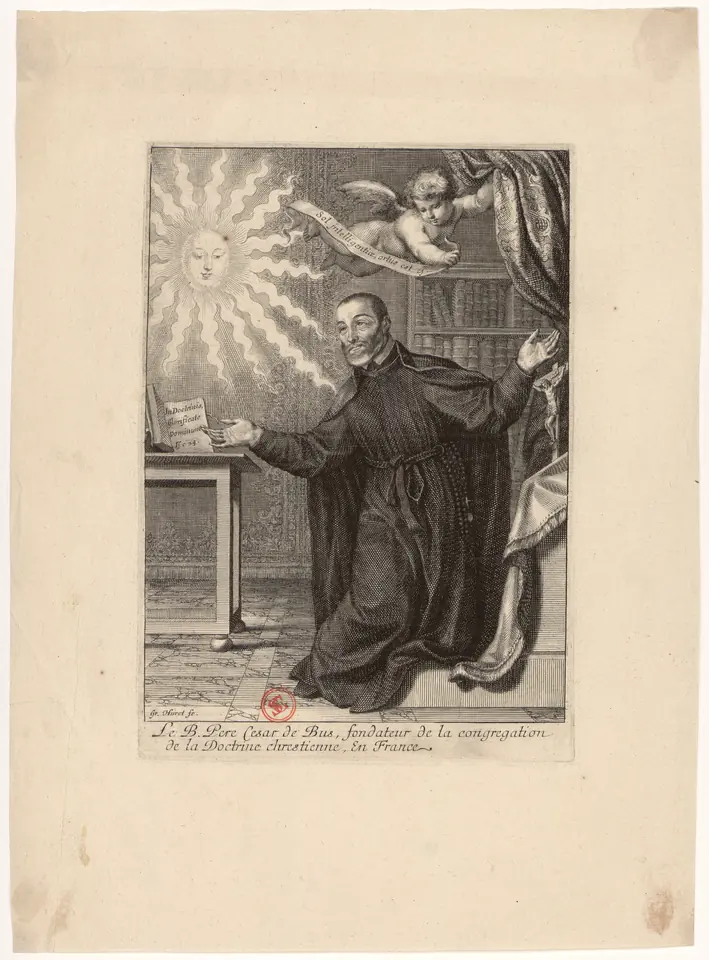 An engraving of a priest in a cassock kneeling with open arms before a desk with an open book, looking up at a radiant sun while a small angel draws back a curtain