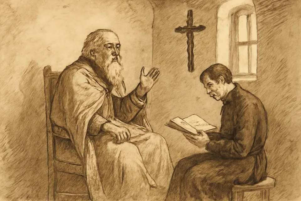 Ink drawing of an old blind priest seated in a plain room in Avignon, speaking to a young priest who reads to him from a book