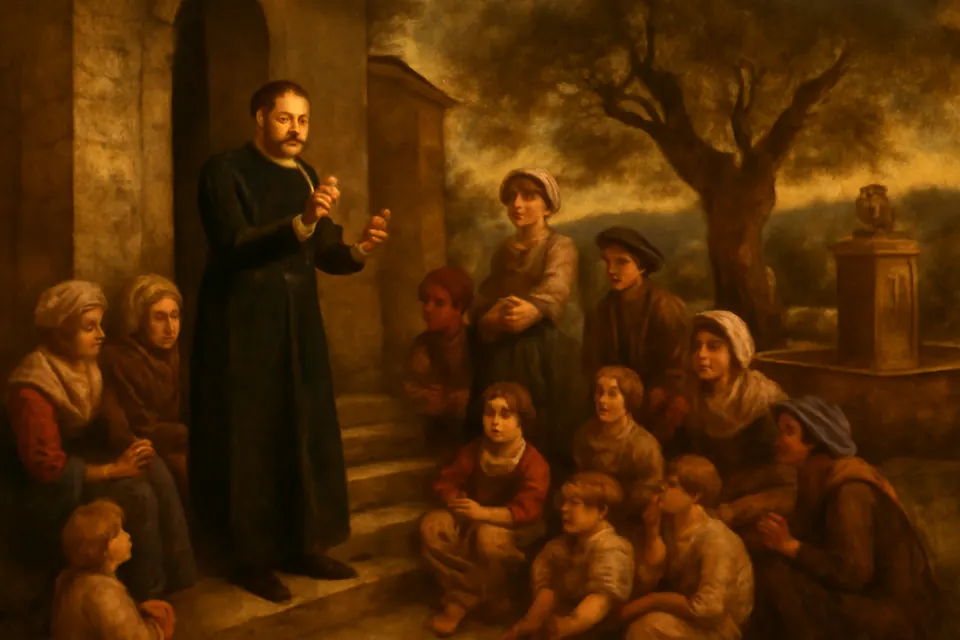 Oil-painting-style scene of a priest in a black cassock teaching a crowd of villagers and children in the square of a Provençal village