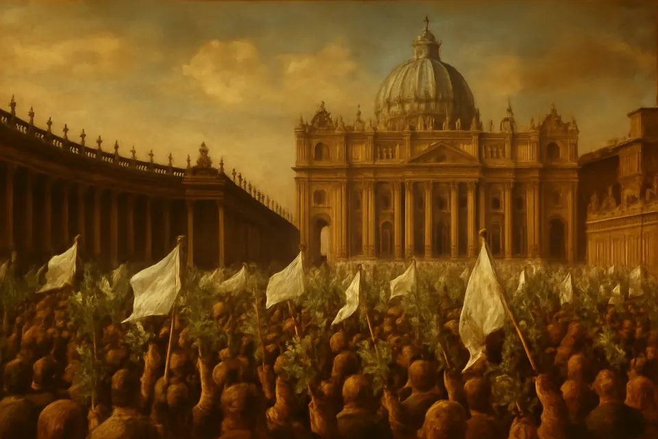 Pintura al óleo de una gran multitud de peregrinos con ramas de cedro en alto en la plaza de San Pedro el día de la canonización, en 1977