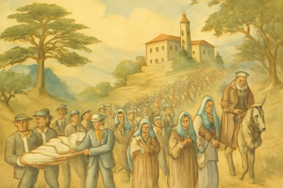 Illustration of crowds of pilgrims, some carrying the sick on stretchers, climbing the road to a stone monastery in the Lebanese hills in 1950