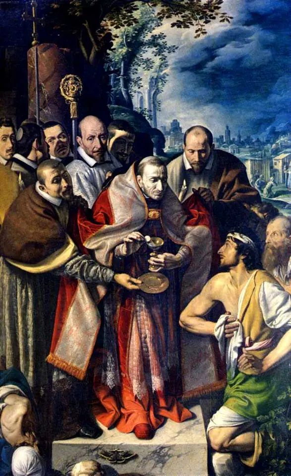 Painting of Charles Borromeo in red vestments, surrounded by clergy, giving Communion to a half-naked plague victim kneeling at his feet, with a town and sky behind