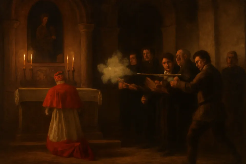 Illustration of a gunman firing at Charles Borromeo as he kneels at evening prayer in his chapel in Milan in October 1569