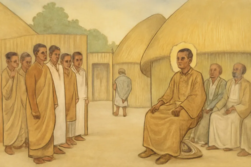 Watercolor-style illustration of young royal pages stepping forward together in the courtyard of a Buganda royal enclosure as the king watches