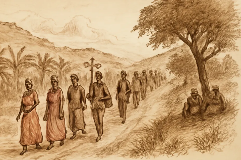 Ink-style illustration of pilgrims, many dressed in red, walking along a red dirt road through green Ugandan countryside toward Namugongo
