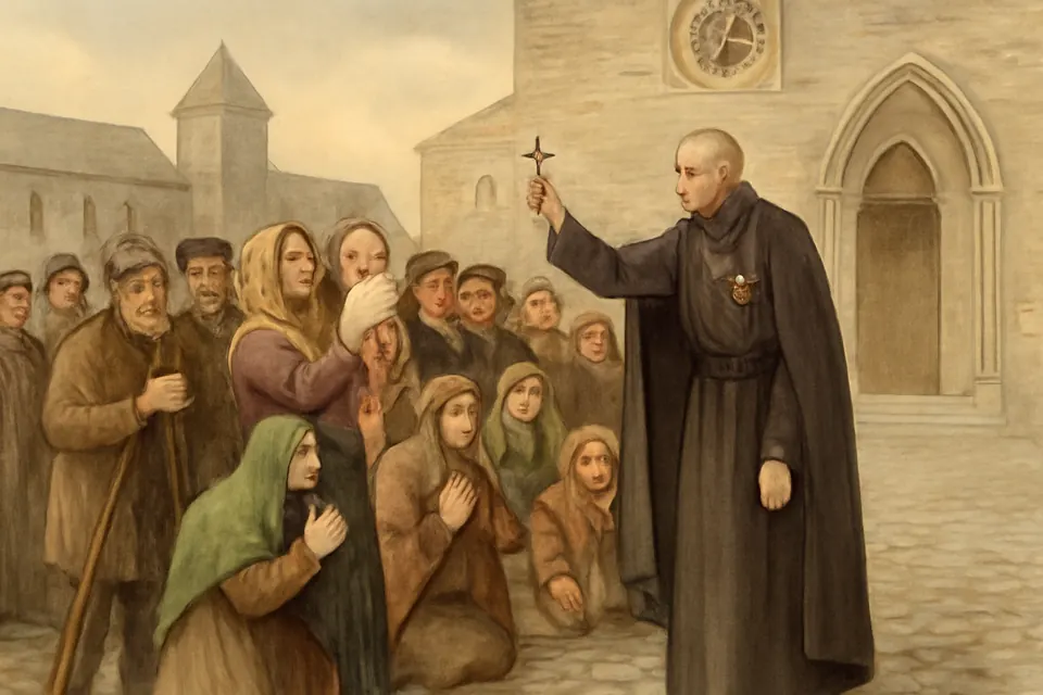Watercolor-style scene of a thin Passionist priest in a black habit blessing a crowd of poor and sick people in a Dublin monastery yard in the 1880s
