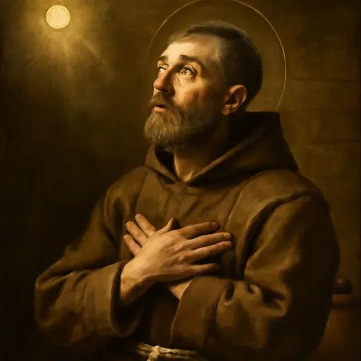 Oil-painting-style portrait of St. Charles of Sezze as a lean Franciscan lay brother in a brown habit, hands crossed on his breast, looking toward a shining Host