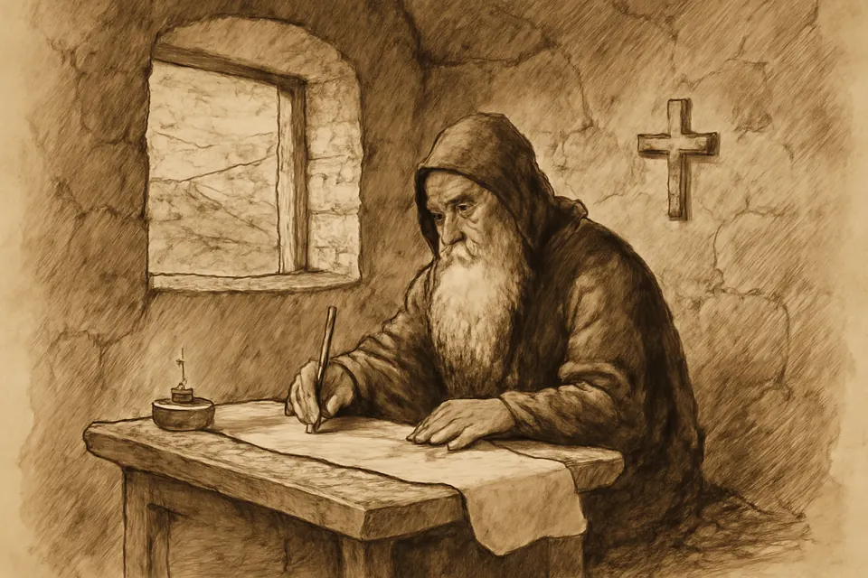 Ink-drawing-style scene of an old Syriac monk writing on a long parchment at a low desk in a stone cell on a mountainside