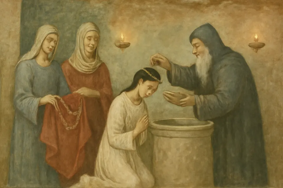 Fresco-style scene of a young Persian noblewoman in a white garment kneeling to be baptized by a bearded priest in a small mud-brick church