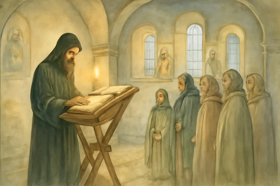 Watercolor-style scene of monks reading from a large book at a lectern in a candlelit Jerusalem church as pilgrims listen