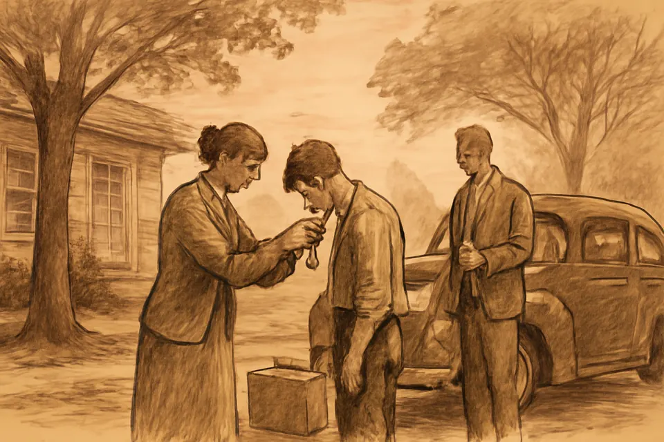 Oil-painting-style illustration of a mother fastening a St. Christopher medal on a chain around her grown son's neck beside a packed car at dawn