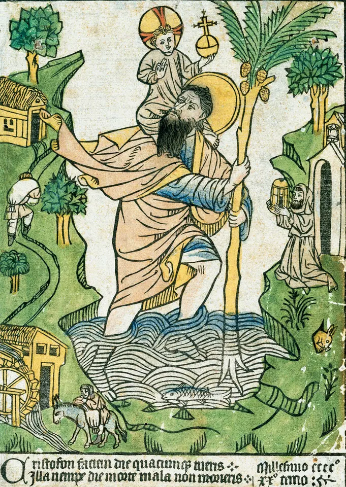 Hand-colored woodcut of Christopher wading through a river with the Christ Child on his shoulders, a hermit with a lantern at a chapel on the right, a mill on the left, and two lines of Latin verse with the date at the bottom
