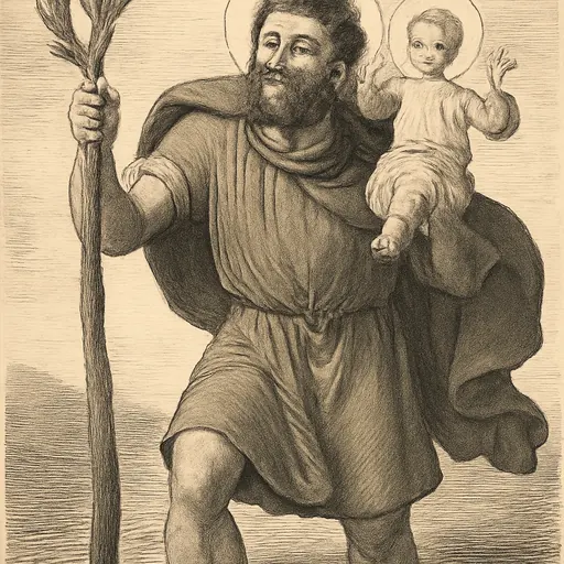 Oil-painting-style portrait of St. Christopher as a bearded giant wading through a river with the Christ Child on his shoulder and a tall staff in his hand