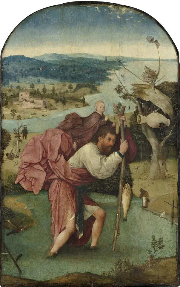 Bosch painting of a bearded Christopher in a billowing red cloak wading through a river with the Christ Child on his back, a fish hanging from his staff, and a house built in a broken jug in a tree behind him
