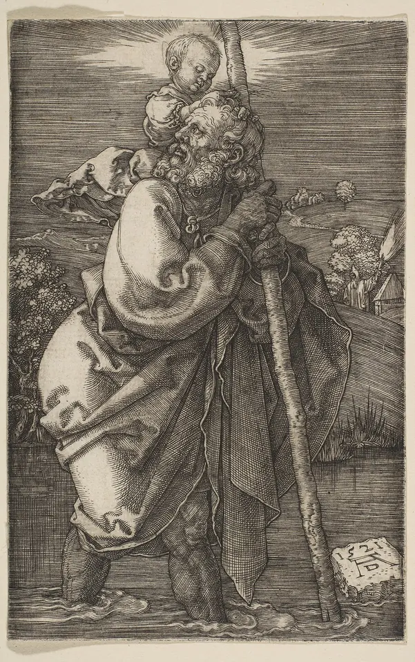 Engraving of a heavily draped Christopher leaning on a thick staff as he wades through water, looking up at the Christ Child on his shoulders, with Dürer's monogram on a tablet
