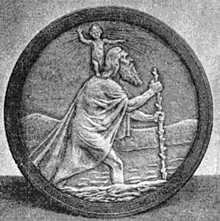 Black-and-white photograph of a round relief medal of St. Christopher wading through a river with a gnarled staff, the Christ Child on his shoulder raising a hand