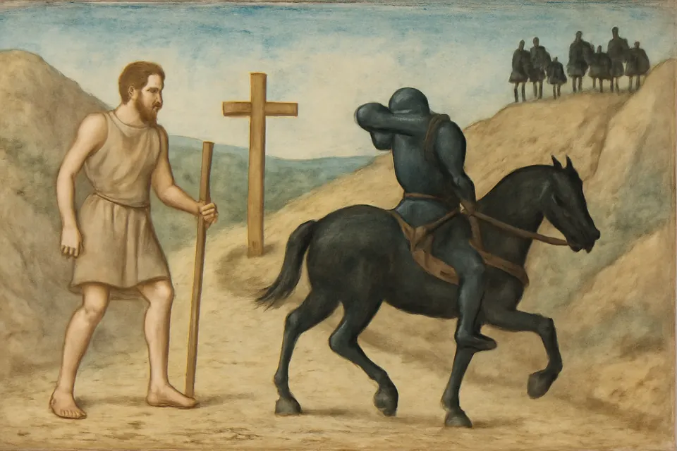 Illustration of the giant Reprobus on a desert road, puzzled as the dark knight he serves turns his horse away from a wooden wayside cross