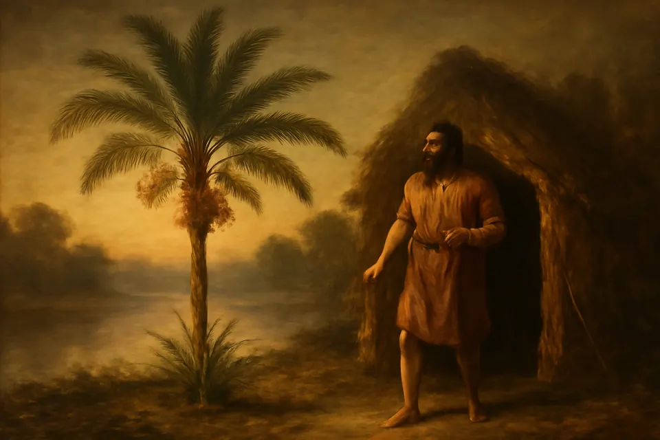 Illustration of St. Christopher at dawn outside his riverside hut, finding his wooden staff planted in the ground and grown into a palm with leaves and dates