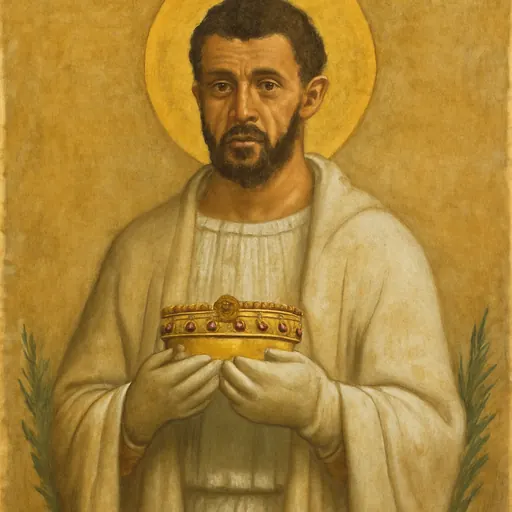Fresco-style portrait of St. Chrysogonus as a bearded early Christian martyr in a white tunic and cloak, holding a martyr's crown