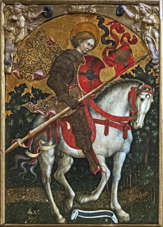 Gold-ground panel painting of a young armored knight with a halo riding a white horse with red trappings, carrying a lance with a red and white banner and a round shield, through a dark wood