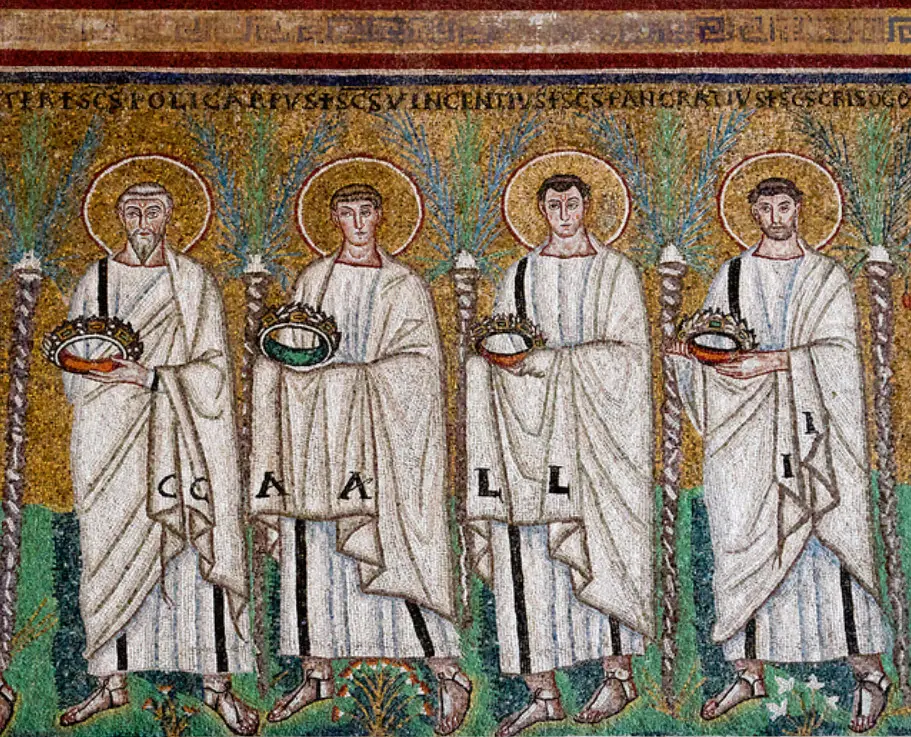Mosaic of four haloed men in white robes walking in a row, each carrying a jeweled crown, with palm trees between them and their names in Latin above