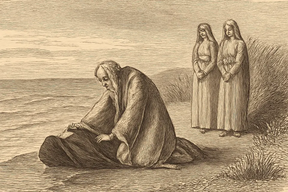 Engraving-style illustration of an elderly priest kneeling on a shore at dawn beside a body wrapped in a cloak, with three young women watching from the dunes