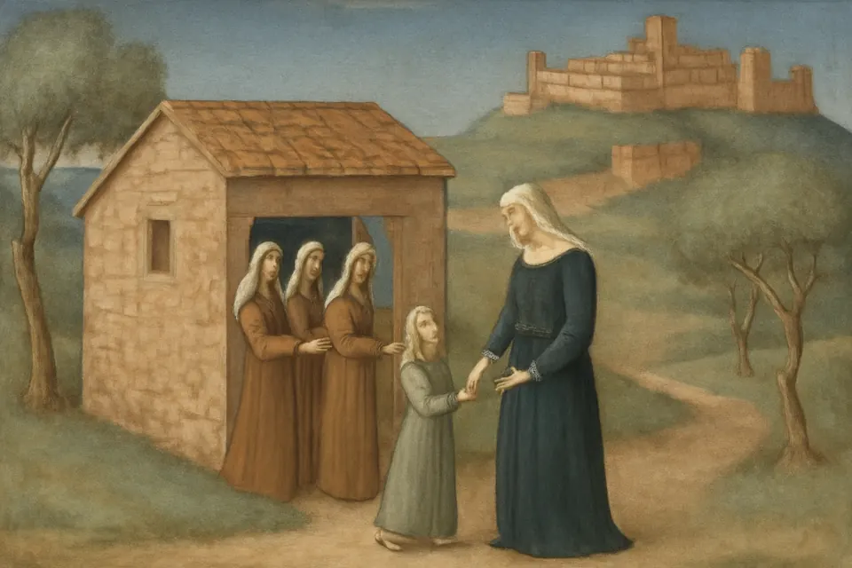 Illustration of a six-year-old girl in a plain gray dress being welcomed by her older sister and other women at a small stone hermitage outside an Umbrian hill town