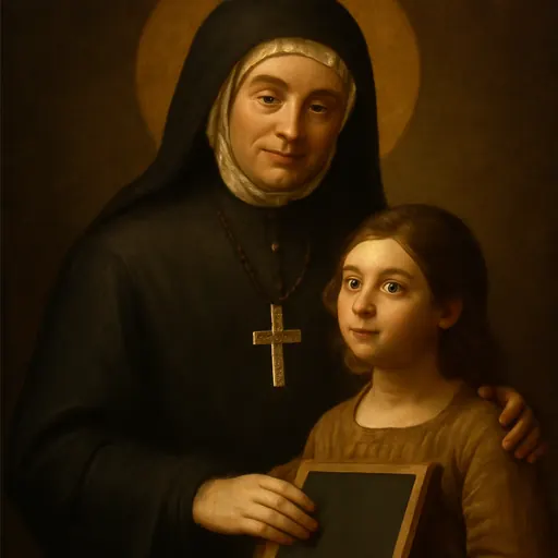 Oil-painting-style portrait of St. Claudine Thévenet as a French religious sister in a black veil and white cap, with a silver cross on her breast