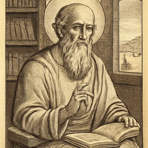 Engraving-style portrait of Clement of Alexandria as an elderly bearded Greek teacher in a robe, seated with a scroll